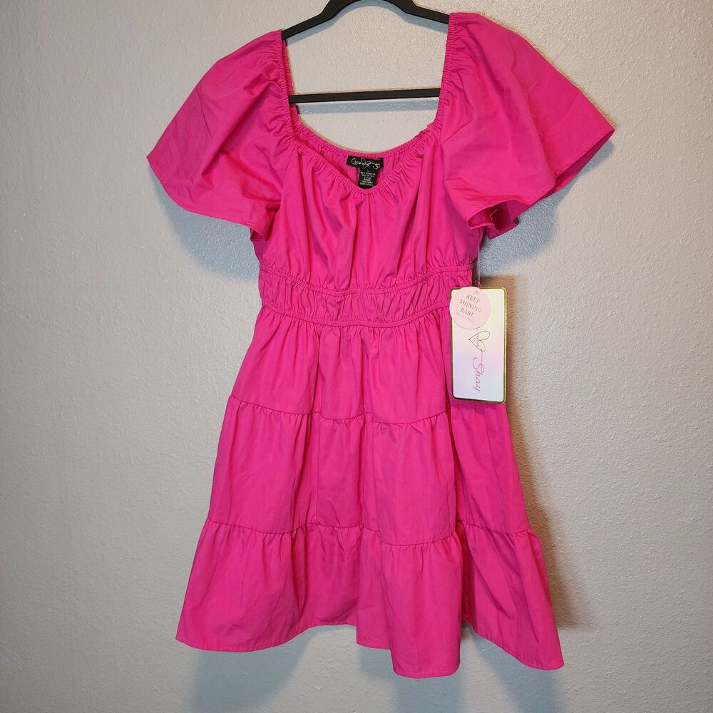 NWT Coco & S Hot Pink Puff Sleeve Smocked Tiered Mini Dress Size L Barbiecore
